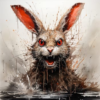 Aggressive rabbit disgustedly shows his teeth in watercolor. High quality illustration