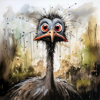 Feathered elegance, this watercolor rendering of an ostrich is a stunning image that captures the complex beauty of this creature