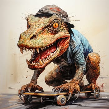 Dino Skate Vibes, A hipster dinosaur on a skateboard in vibrant watercolors, a quirky and stylish illustration