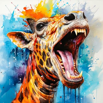 Aggressive giraffe disgustedly shows his teeth in watercolor. High quality illustration