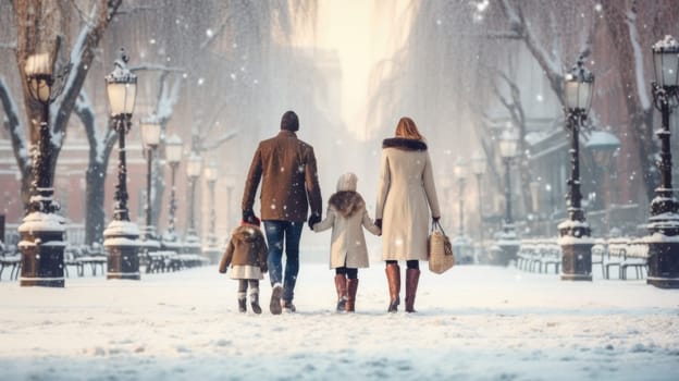 Happy family Father, mother and children are having fun and playing on snowy winter walk in nature. comeliness