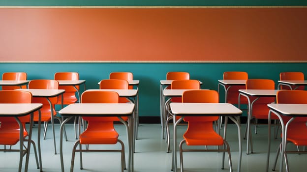 classroom with desks and orange chairs - AI Generative