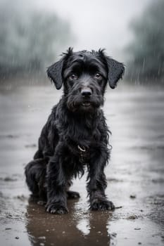 mixed breed puppy dog under the rain in the street sad hungry looking for shelter ai generated