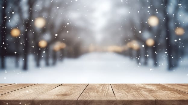 Empty table in beautiful winter landscape, wood plank board in snow mountain outdoor comeliness