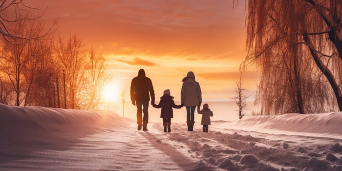 Happy family Father, mother and children are having fun and playing on snowy winter walk in nature. comeliness