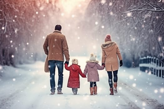 Happy family Father, mother and children are having fun and playing on snowy winter walk in nature. comeliness