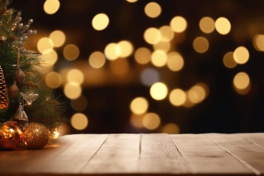 Merry Christmas and Happy New Year background with empty wooden table over Christmas tree and blurred light bokeh. Empty display for product placement. Rustic vintage Xmas 2024 background. comeliness