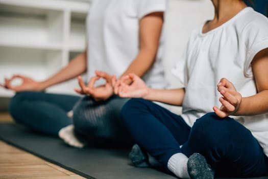 A mother and daughter enjoy leisure time by meditating and doing yoga in their living room. Their togetherness and concentration create a peaceful family moment filled with vitality and joy.