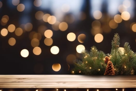 Merry Christmas and Happy New Year background with empty wooden table over Christmas tree and blurred light bokeh. Empty display for product placement. Rustic vintage Xmas 2024 background. comeliness