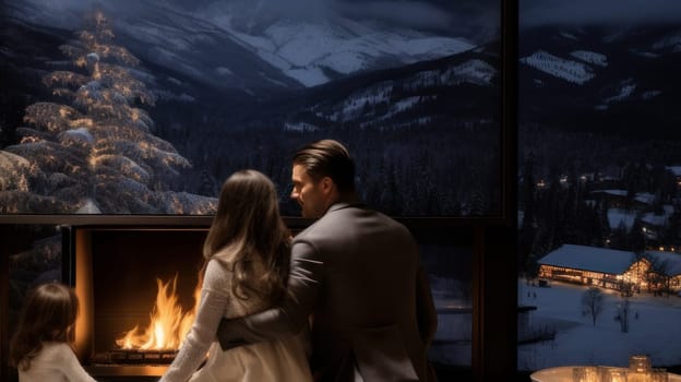 A young couple in love in a luxurious room with panoramic windows in an ecological chalet hotel at an Alpine ski resort overlooking the snowy landscape and mountains. Concept of traveling around the world, recreation vacations, tourism