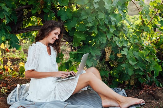 woman sitting with a laptop under a grape