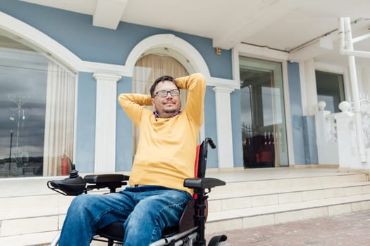 a person with disabilities near a glass case