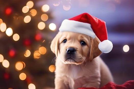 Adorable dog wearing Santa hats at room decorated for Christmas comeliness