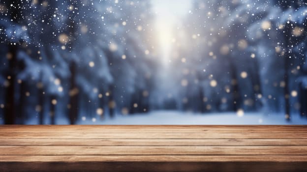 Empty table in beautiful winter landscape, wood plank board in snow mountain outdoor comeliness