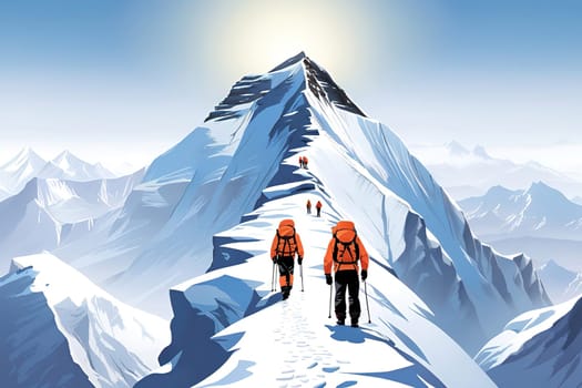 Climbers in the mountains. Vector illustration of mountaineering.Group of climbers climbing up to the top of the mountain. Hikers on the top of the mountain.