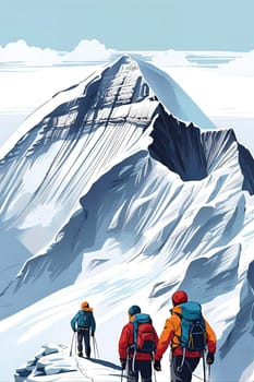 Climbers in the mountains. Vector illustration of mountaineering.Group of climbers climbing up to the top of the mountain. Hikers on the top of the mountain.