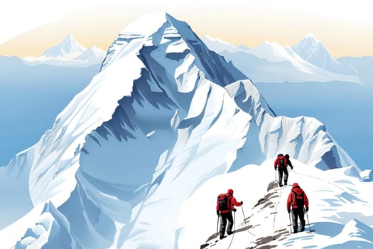 Climbers in the mountains. Vector illustration of mountaineering.Group of climbers climbing up to the top of the mountain. Hikers on the top of the mountain.