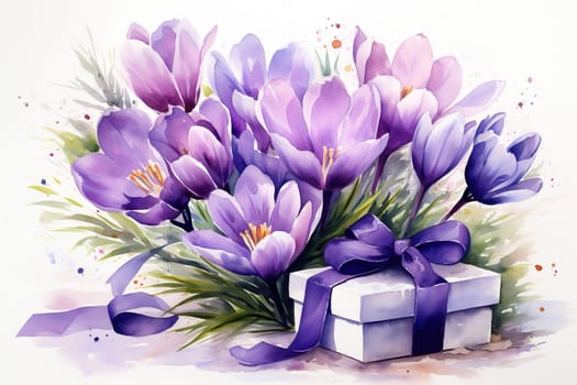 Gift box with a bouquet of crocuses, watercolor drawing.