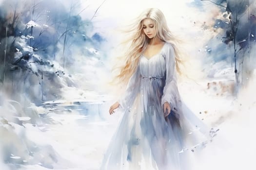 A young woman with blond long hair in a white dress in the middle of a winter landscape. Watercolor drawing.