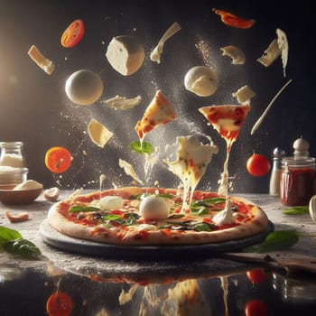 flying splashing mozzarella bufala italian pizza with tomato sauce and basil food photography generative ai art