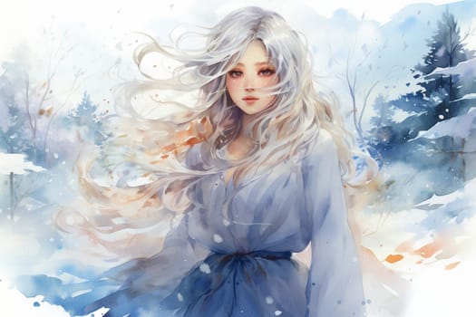 Watercolor portrait of a young woman in a white dress with long white hair. Generated by artificial intelligence