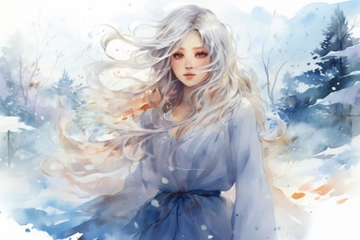 Watercolor portrait of a young woman in a white dress with long white hair. Generated by artificial intelligence