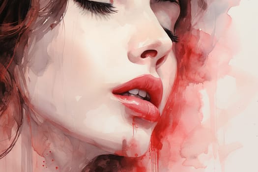 Watercolor portrait of a beautiful young woman with red lips.