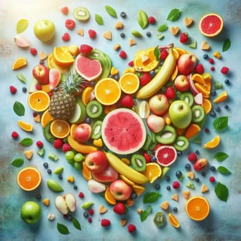 heart shaped collage of healthy fruit full of vitamins generative ai art
