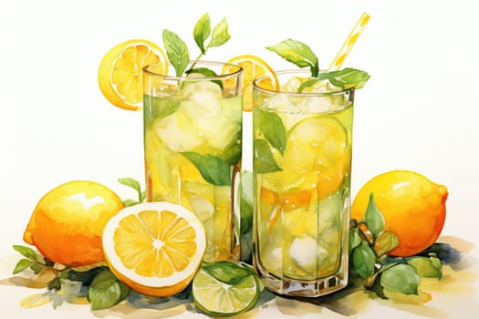 Citrus lemonade in a jug on a table in the kitchen. Lemons and mint. Watercolor drawing.