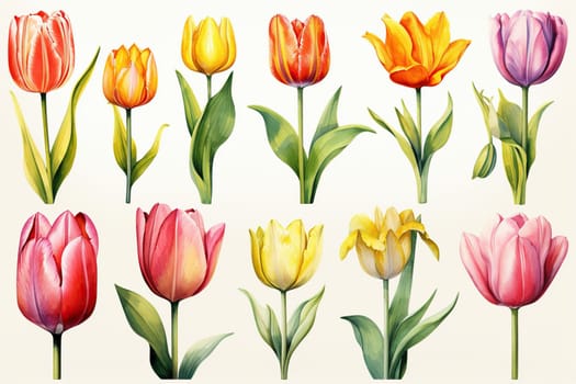Set of watercolor tulips on a white background.
