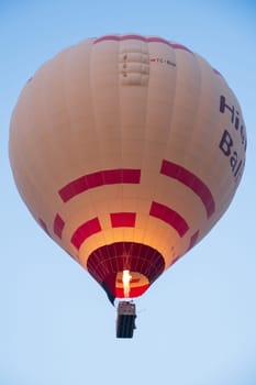 Landscape of Pamukkale park and a lot of hot air balloons in the morning sky . Turkey-october 2023. High quality photo