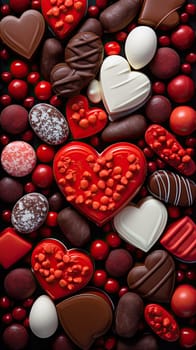 close up of assorted variety of chocolate sweets for valentines day.