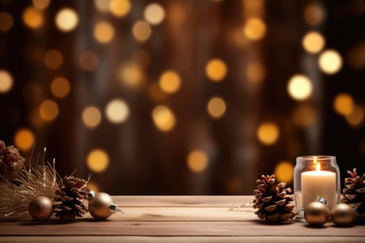 Merry Christmas and Happy New Year background with empty wooden table over Christmas tree and blurred light bokeh. Empty display for product placement. Rustic vintage Xmas 2024 background. comeliness