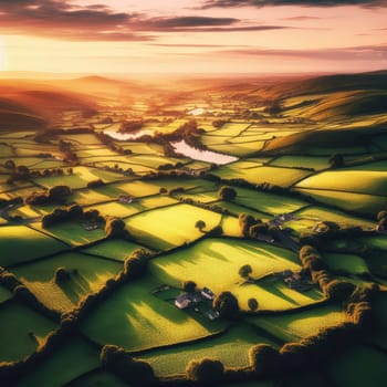 Aerial view of endless lush pastures and farmlands of Ireland. Beautiful Irish countryside with emerald green fields and meadows. Rural landscape on sunset.