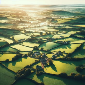 Aerial view of endless lush pastures and farmlands of Ireland. Beautiful Irish countryside with emerald green fields and meadows. Rural landscape on sunset.