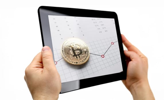 Male arms hold tablet pc with btc sign coins at stats display closeup. Modern pay and buy system symbol idea virtual earning and anti fraud transactions broker education and career success ambition