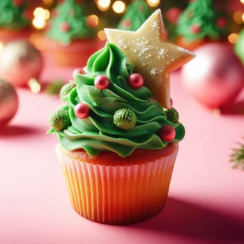 Christmas delicious cupcake with green whipped cream and star on pink background. Xmas homemade dessert.