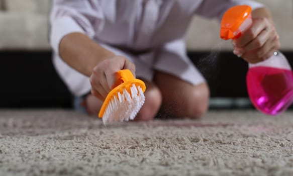 Woman holds brush and cleaning spray on carpet background. Household chores and dry cleaning concept