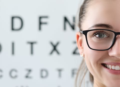 Focus on beautiful woman wearing glasses in black stylish frame. Cheerful ophthalmologist looking at camera with happiness. Letters table for eyesight check on background. Vision test concept