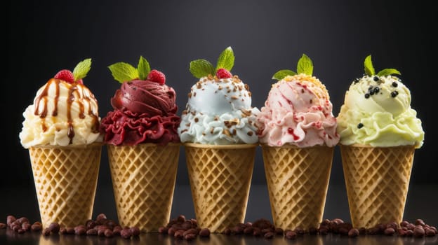 Various types of ice cream in waffle cones on a dark background. Panoramic Banner.