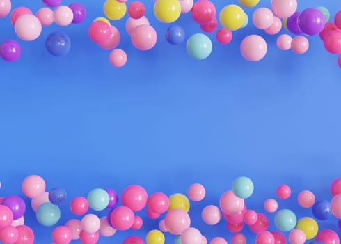 Vibrant, multicolored balls, balloons on blue background, ideal for festive or playful themes. Empty, copy space. Backdrop for party or celebration invitations, children's parties, play centers. 3D