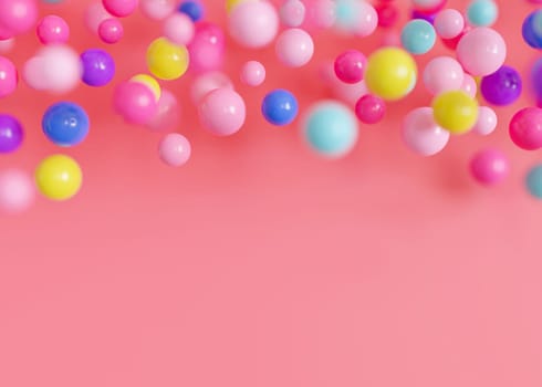 Vibrant, multicolored balls, balloons on pink background, ideal for festive or playful themes. Empty, copy space. Backdrop for party or celebration invitations, children's parties, play centers. 3D