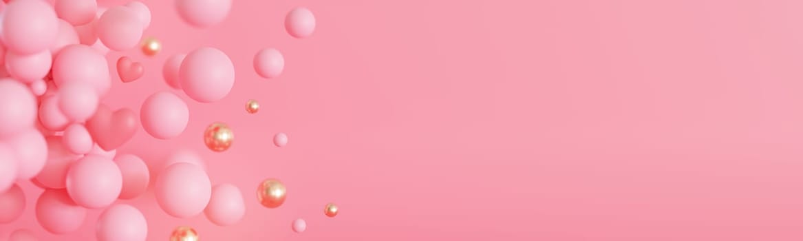 Pink background with bubbles, hearts and copy space. It's a girl banner with empty space. Baby shower or birthday invitation. Baby girl birth announcement. Valentine's Day, Mother's, Women's Day. 3D