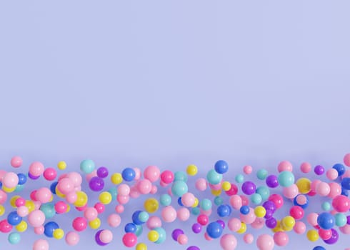 Multicolored balls, balloons on subtle lavender background, ideal for festive or playful themes. Empty, copy space. Backdrop for party or celebration invitations, children's parties, play centers. 3D