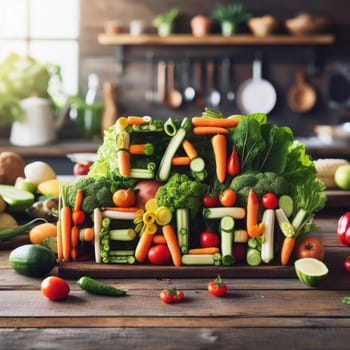 Words: Eat healthy food. made with organic vegetables and fruits on wooden rustic table.