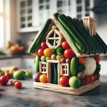 photo of house made of vagetables. macro close up lens with kitchen bokeh on background.