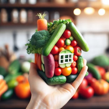 photo of house made of vagetables. macro close up lens with kitchen bokeh on background.