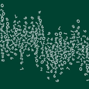 Falling handdrawn chalk numbers. Math study concept with flying digits. Radiant back to school mathematics banner on blackboard background. Falling numbers illustration.