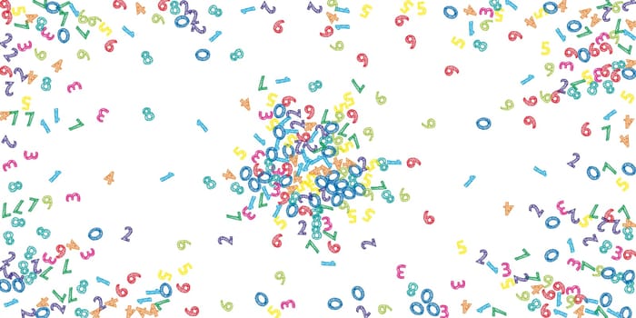 Falling colorful sketch numbers. Math study concept with flying digits. Symmetrical back to school mathematics banner on white background. Falling numbers illustration.