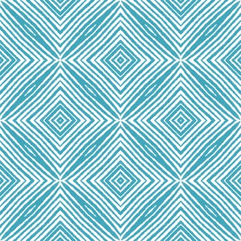 Striped hand drawn pattern. Turquoise symmetrical kaleidoscope background. Repeating striped hand drawn tile. Textile ready classic print, swimwear fabric, wallpaper, wrapping.